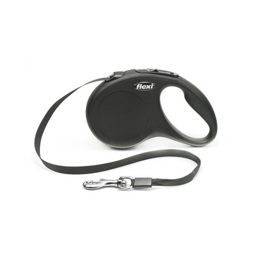 Lesa retractabila, neagra, lungime 5 m, pentru caini cu greutate de pana la 15 kg, cu sistem rapid de franare