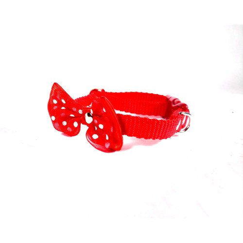 Zgarda reglabila din chinga, rosie, cu fundita dubla din satin, 10 mm x 38 mm