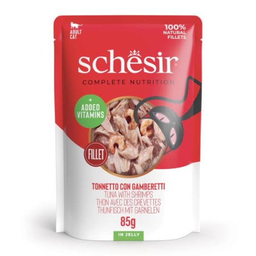 Hrana umeda pentru pisici Schesir plic cu ton si creveti in jeleu 85 g