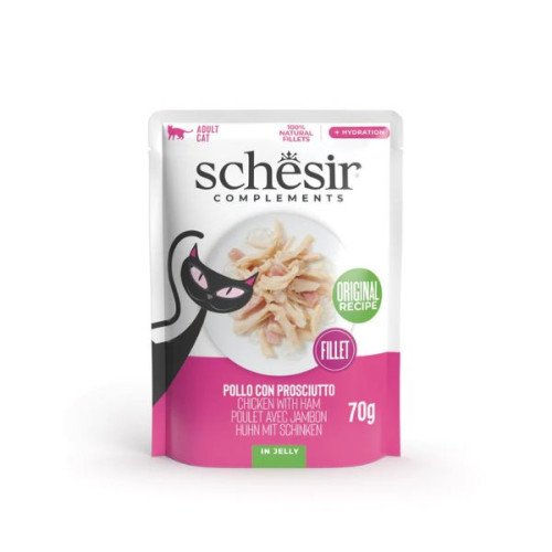 Hrana umeda pentru pisici Schesir plic cu pui si sunca in jeleu 70 g