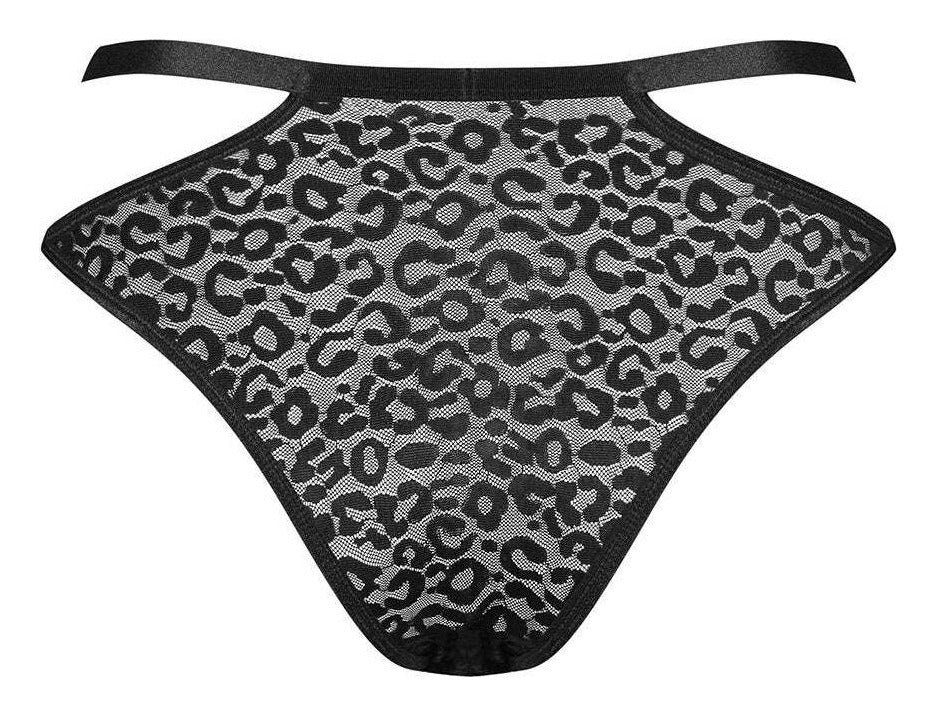 Chiloți Bagirela – tanga transparent cu decupaje sexy, imprimeu animal print și accesorii metalice, negru - imagine 4
