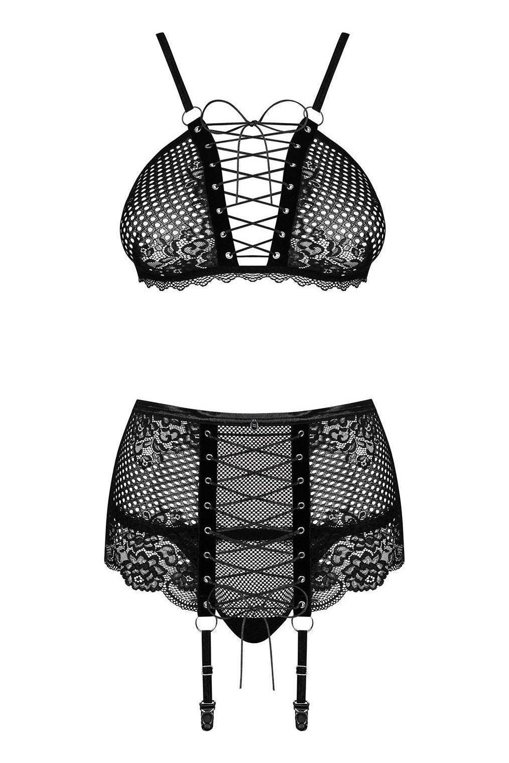 Set de lenjerie intimă Basitta - compleu provocator cu sutien, chiloți și portjartier din dantelă, negru - imagine 3