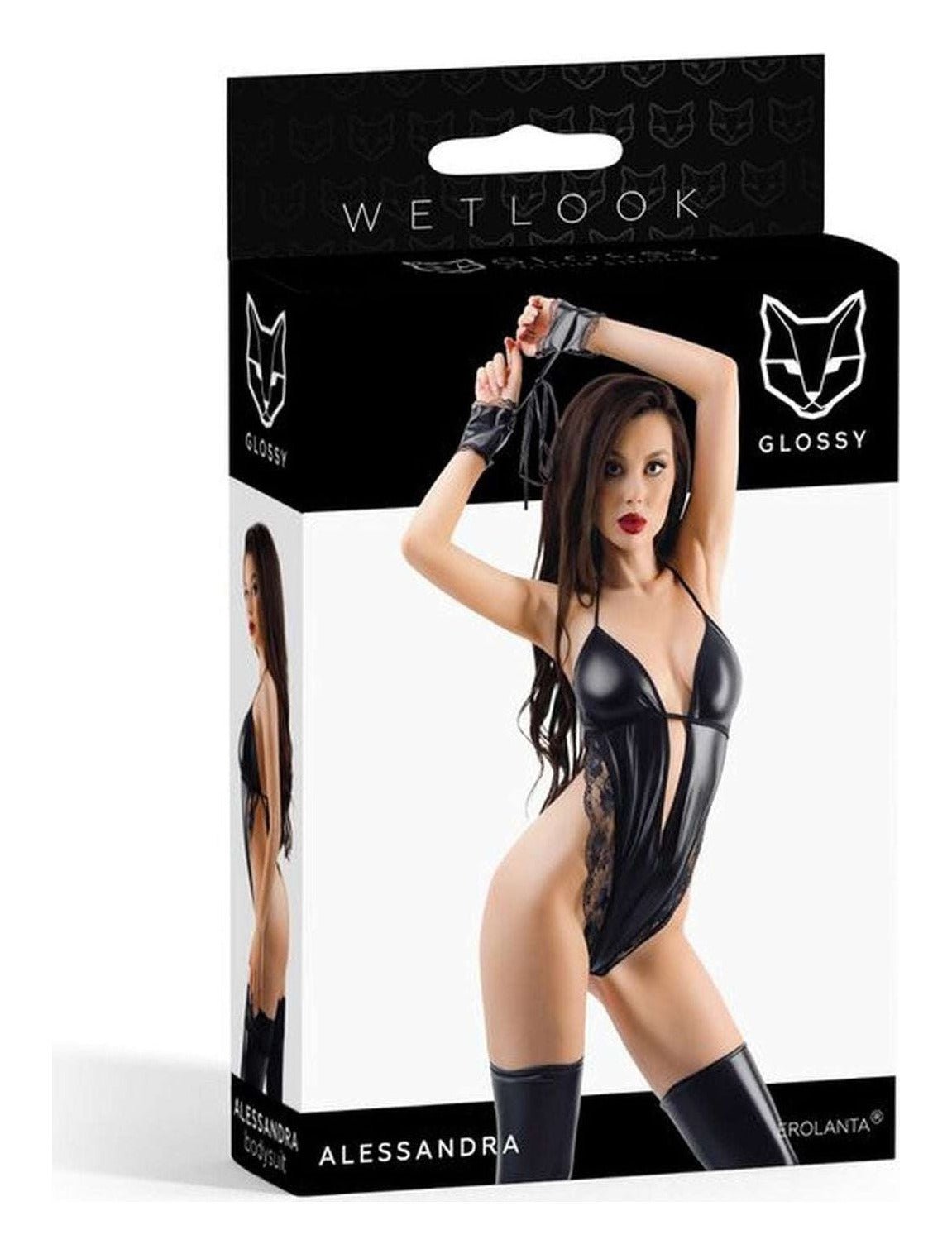 Body wetlook Alessandra cu decolteu provocator, insertii din dantela si decupaje sexy, negru - imagine 5