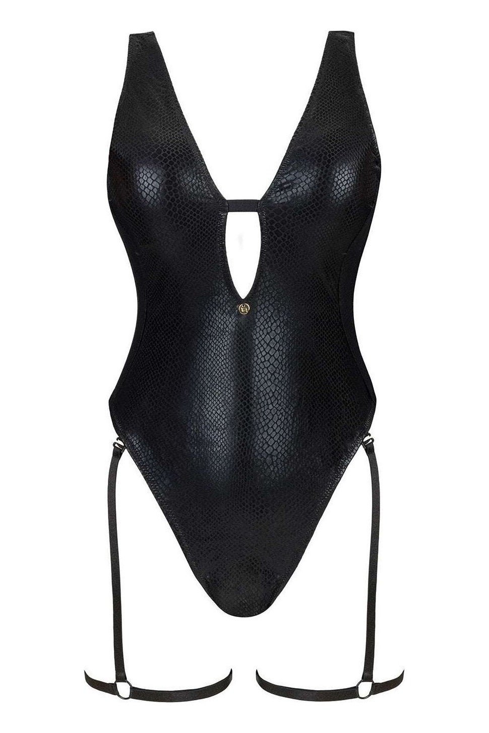 Costum de baie întreg Punta Negra - body sexy cu aspect lucios, decupaje și accesorii seducătoare, animal print negru - imagine 3