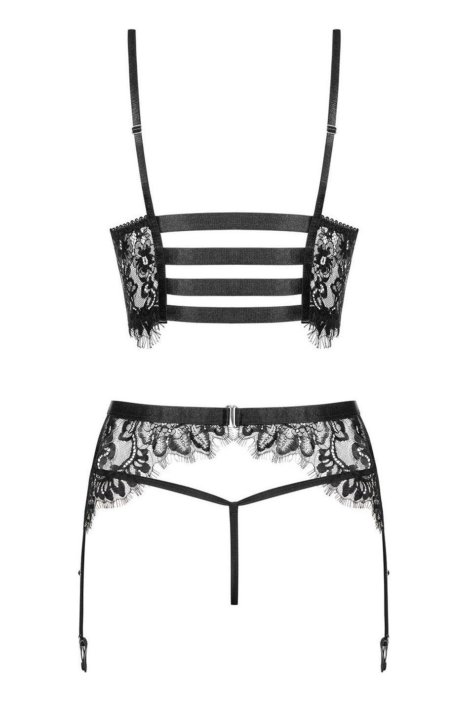 Set de lenjerie intimă Lashy - compleu provocator cu sutien, chiloți și portjartier din dantelă Chantilly L/X, negru - imagine 4