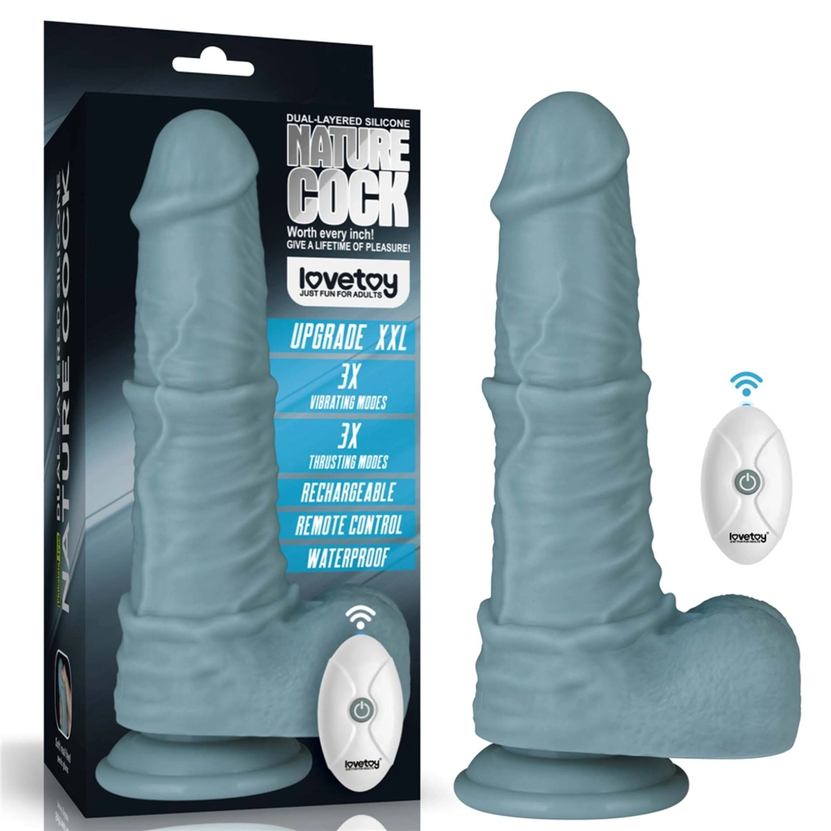Vibrator Realist Remote Control Thrusting, Silicon Strat Dublu, Albastru Deschis, 27.5 cm