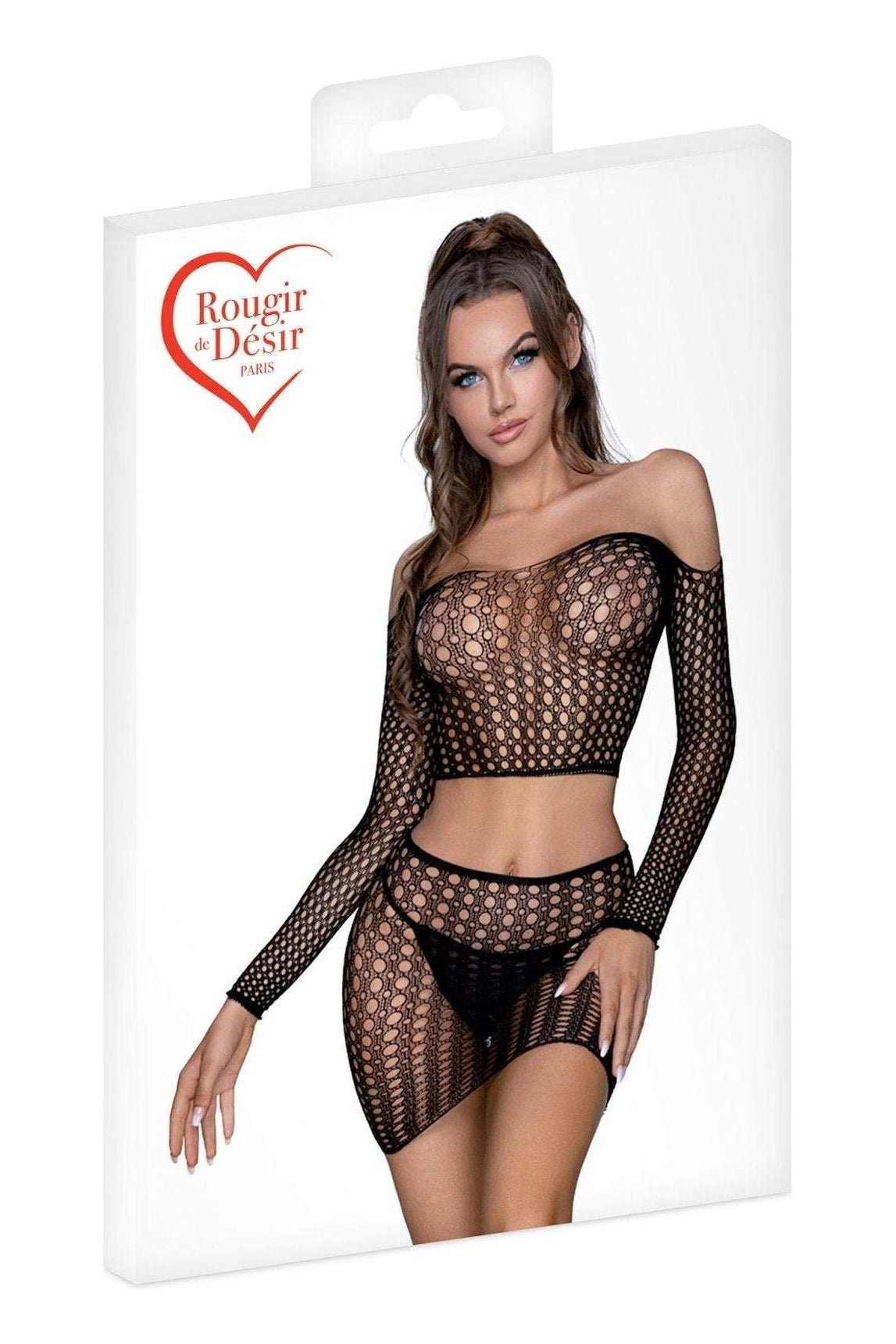 Set cu top crop si fusta mini din plasa cu maneci lungi – compleu sexy One Size (marime universala), negru - imagine 3
