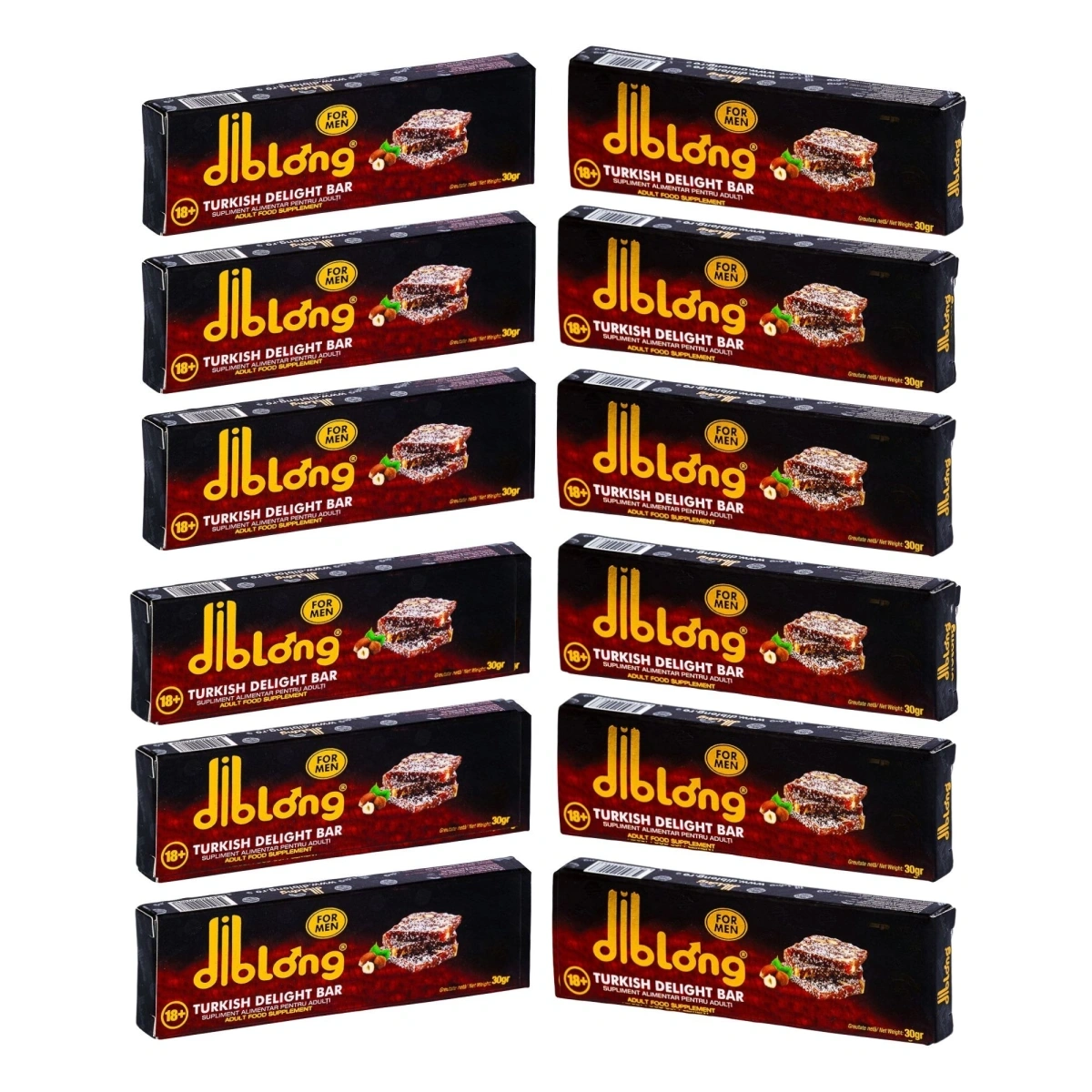 Set 12 bucati-Supliment alimentar DIBLONG Turkish Delight Bar pentru barbati pe baza de rahat turcesc, cu plante care sustin sanatatea sexuala si functia de reproducere, 12x30g