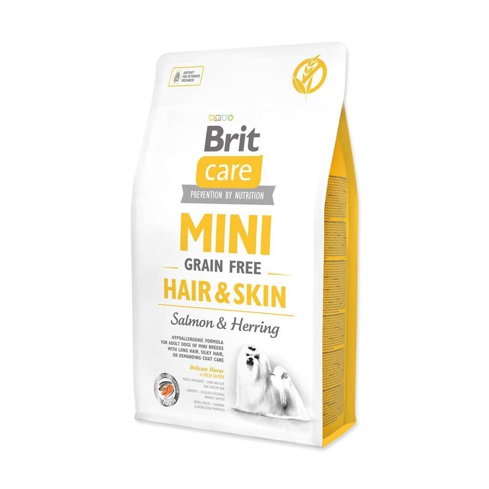 Brit Care Mini Grain-Free Hair & Skin, hrana uscata caini adulti talie mica cu blana lunga, somon si ton, 2 kg