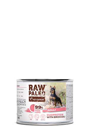 Hrană umedă pentru câini, adult, Raw Paleo Duo Protein, Porc cu Miel și Broccoli, Set 5 X 200g