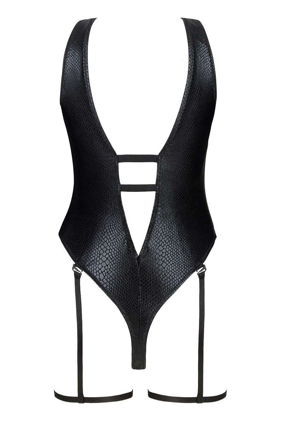 Costum de baie întreg Punta Negra - body sexy cu aspect lucios, decupaje și accesorii seducătoare, animal print negru - imagine 4