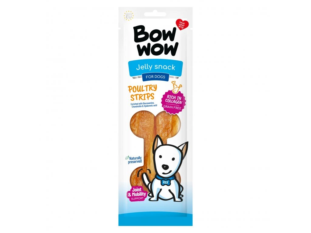 Bow Wow Recompense Jelly pentru Caini Fasii cu Carne de Pasare 60 Gr