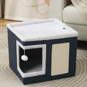 Ansamblu de zgariat pentru pisici, cu casuta si pat superior, 41 x 41 x 35 cm, albastru