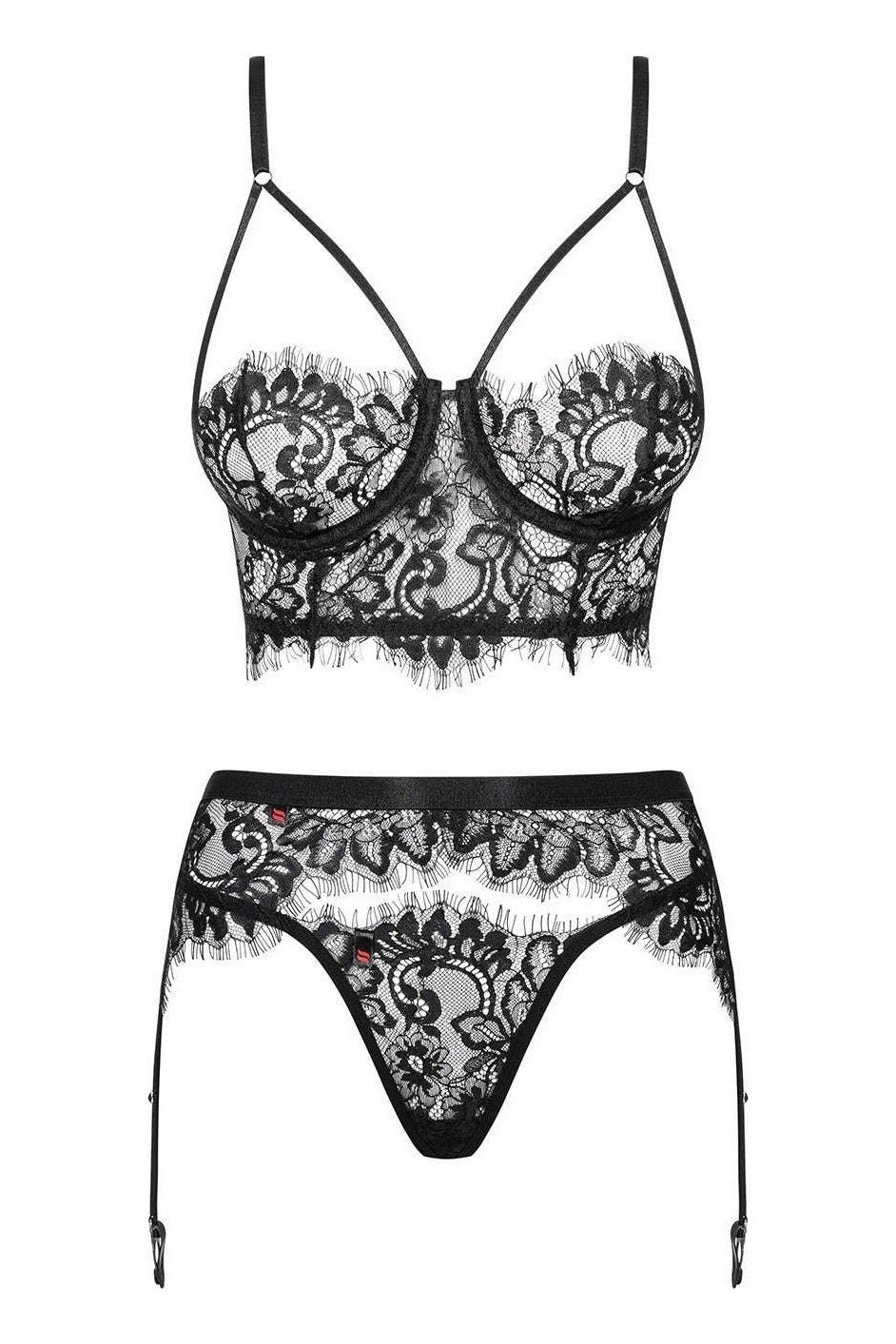 Set de lenjerie intimă Lashy - compleu provocator cu sutien, chiloți și portjartier din dantelă Chantilly L/X, negru - imagine 3
