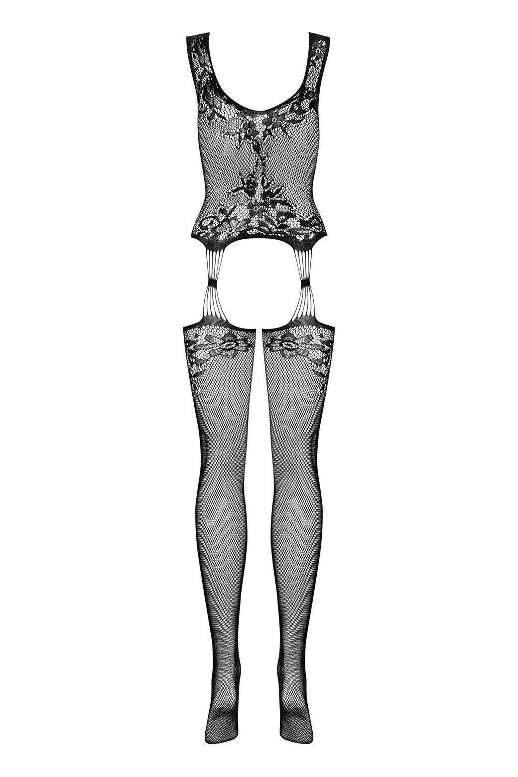 Bodystocking Obsessive F221 - lenjerie erotică din plasă cu portjartier și decupaje XL/XXL, negru - imagine 4