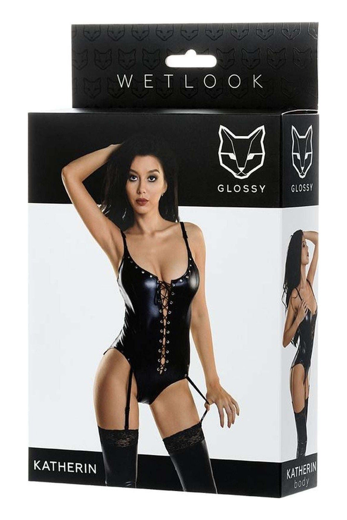 Body din vinil Katherin cu decolteu provocator, siret frontal, insertii metalice si portjartier, negru - imagine 5