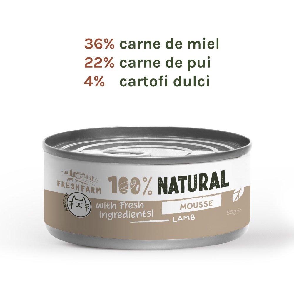 Fresh Farm Mousse pate, cu miel, hrana umeda pentru pisici, fara cereale, 85 gr