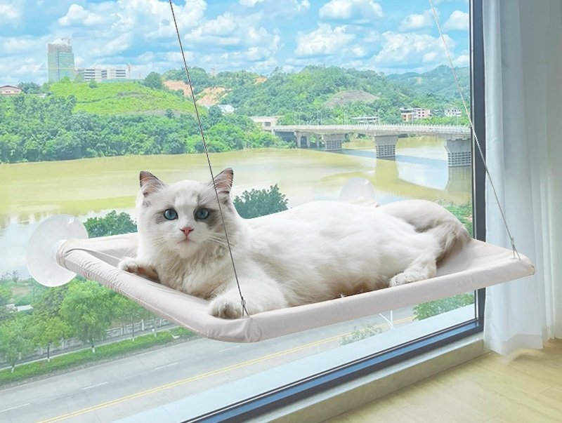 Hamac pentru pisici, cu montaj pe geam, 55 x 35 Cm, bej