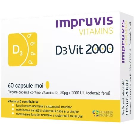 Impruvis D3Vit 2000 cu Vitamina D3 2000 U.I., 60 Capsule Moi