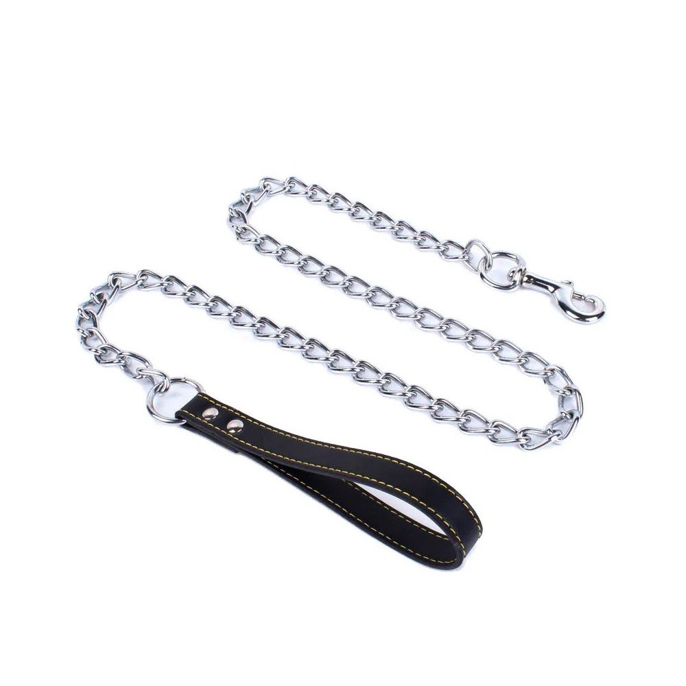 Lesa lant, neagra, maner din piele naturala, lungime 1,20 m, pentru caini de talie medie, grosime lant 3 mm