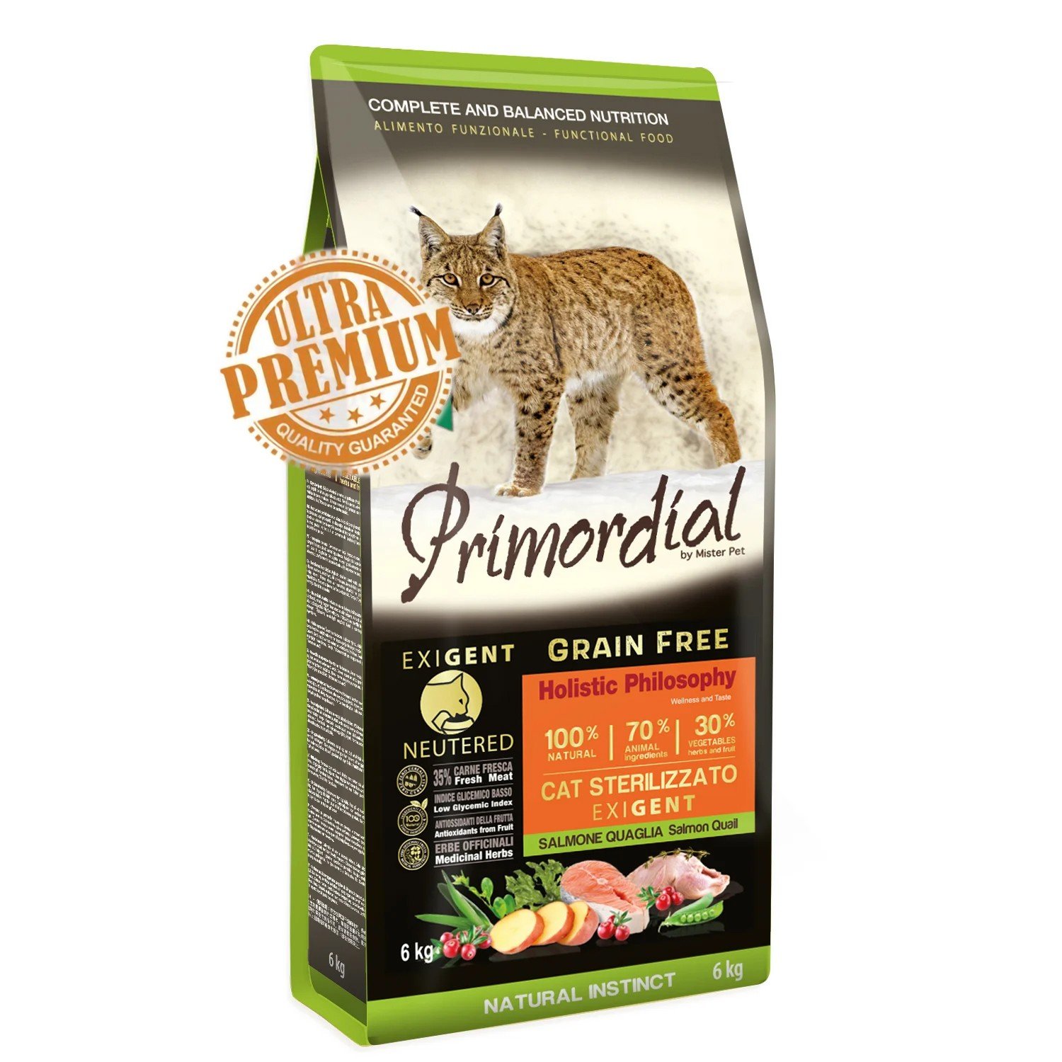 Primordial Grain-Free Holistic Cat Adult Neutered Exigent cu Somon si Prepelita, 6 kg