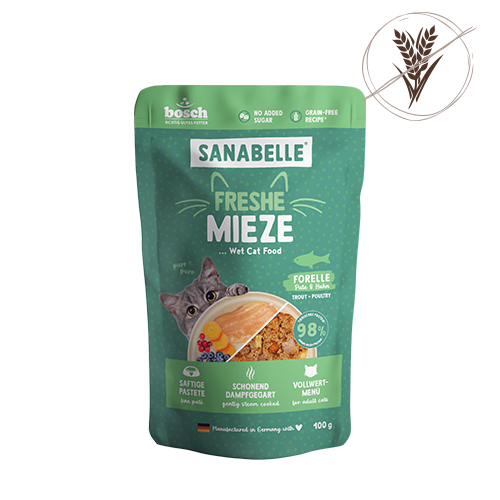 Hrana umeda pentru pisici Sanabelle plic Pastrav, Curcan si Pui 100 gr