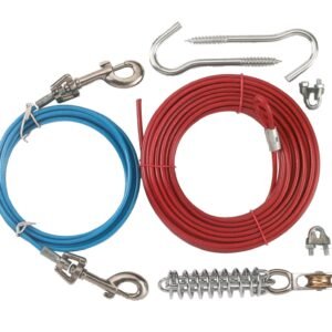 Set cablu curte, metalic, lungime cablu 15 m, pentru caini cu greutate de pana la 30 kg, invelis PVC, eliberare de tractiune
