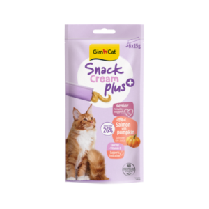 Recompensa cremoasa pentru pisici senioare Gimcat Snack Cream Plus+ cu somon si dovleac pachet 6x15 g