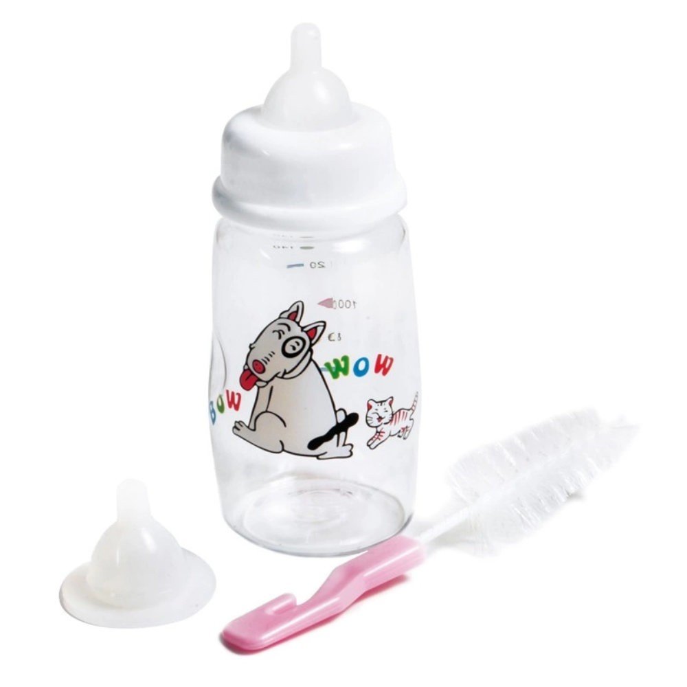 Sticlă cu biberon pentru animale, 140 ml: plastic transparent, kit cu perie