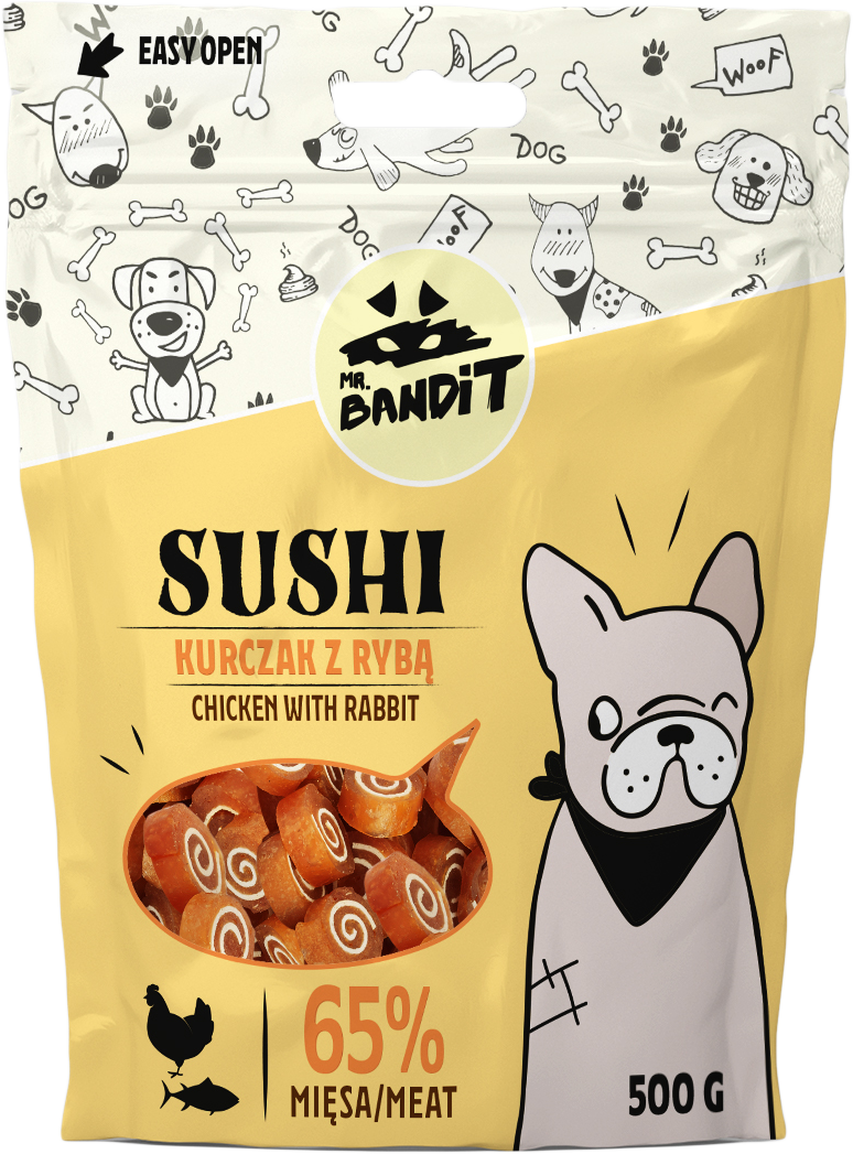 Recompense pentru caini Mr. Bandit SUSHI, pui si peste, 80g
