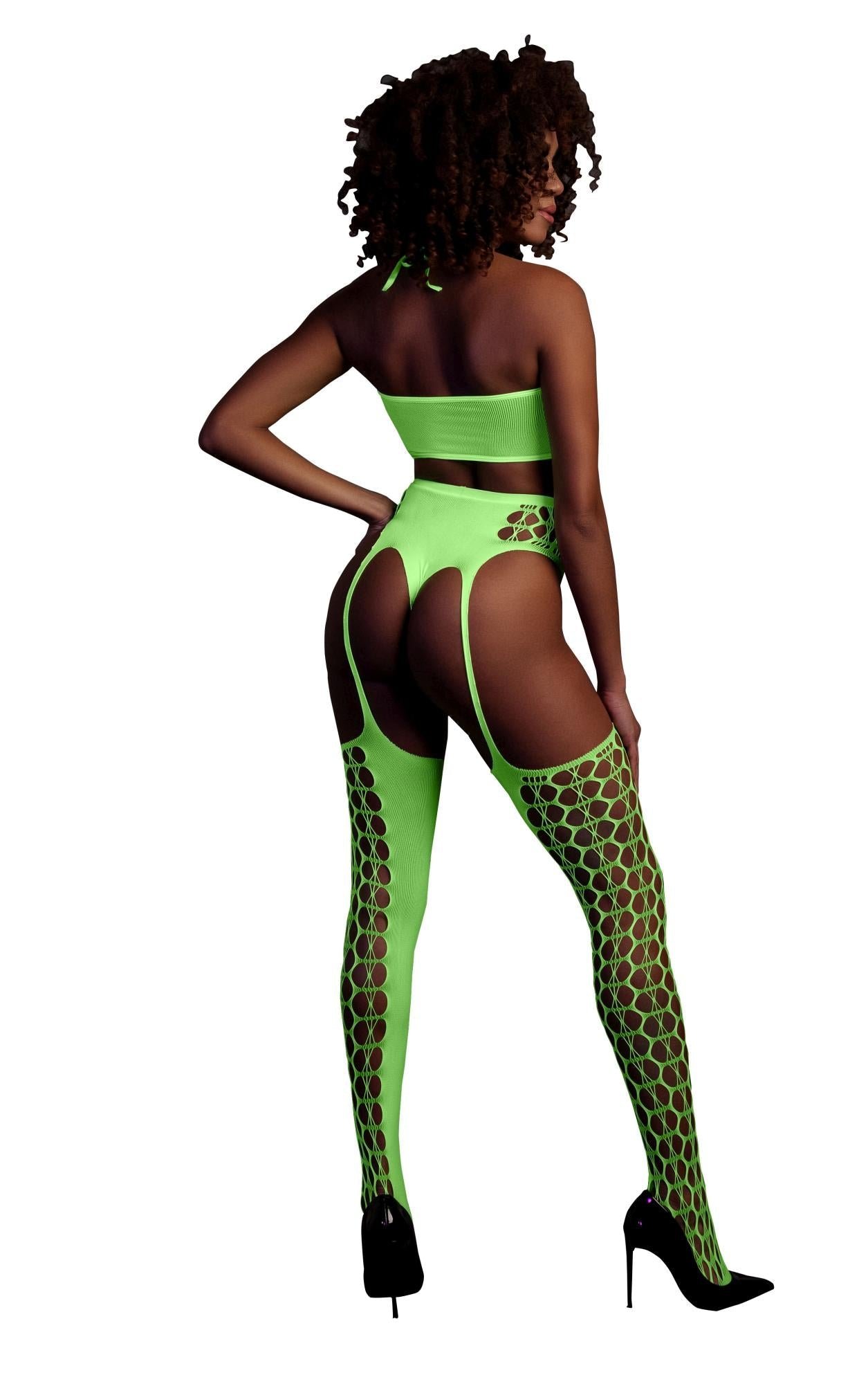 Set cu bustiera, chilot, portjartier și dres - compleu elegant XS-XL (one size), verde neon - imagine 2