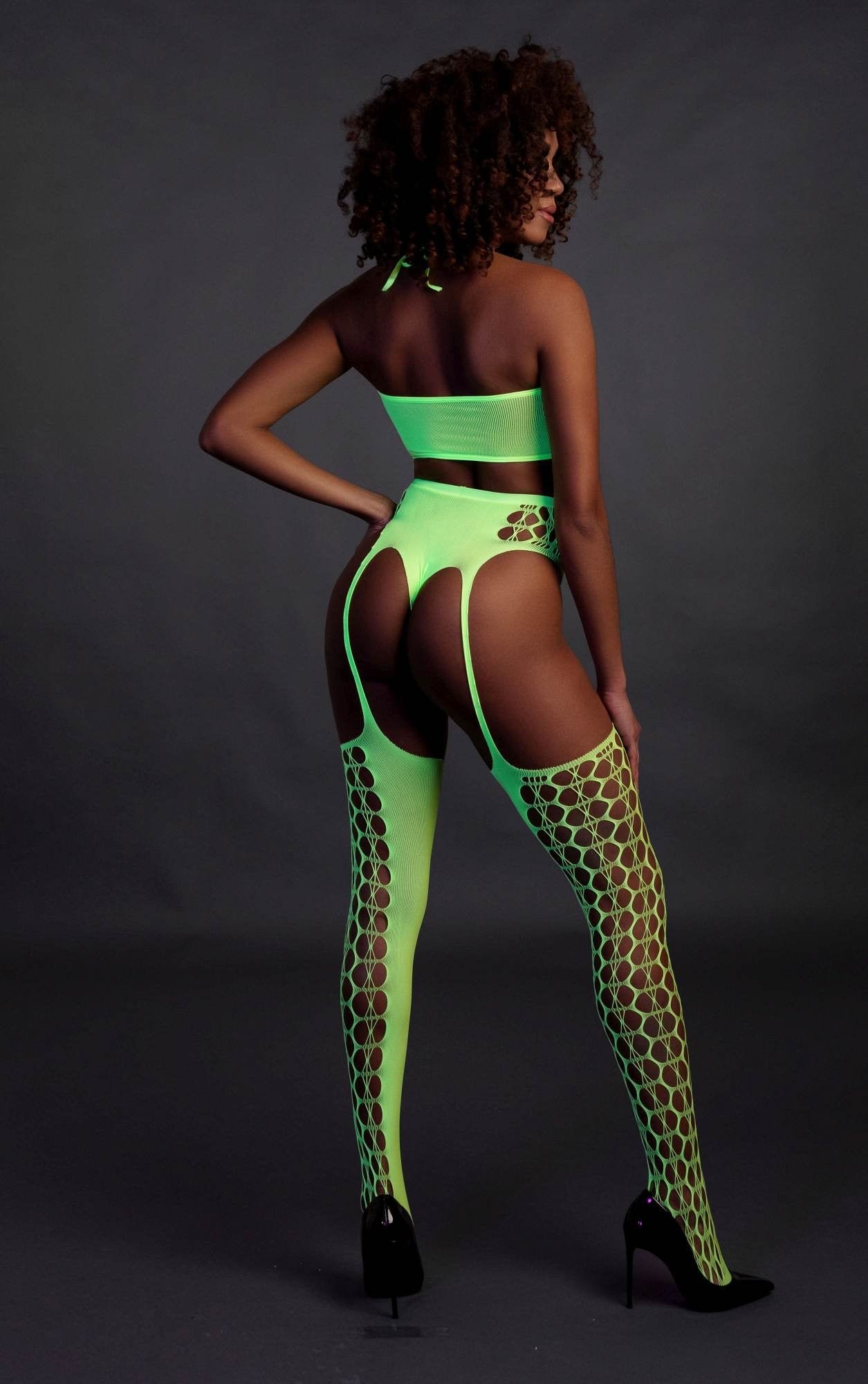 Set cu bustiera, chilot, portjartier și dres - compleu elegant XS-XL (one size), verde neon - imagine 5
