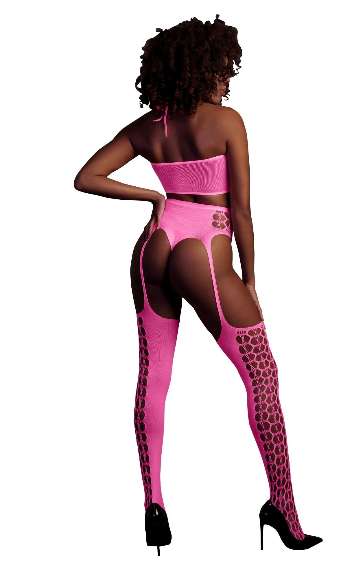 Set cu bustiera, chilot, portjartier și dres - compleu elegant XS-XL (one size), roz neon - imagine 2