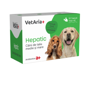 Supliment hepatic pentru caini de talie medie si mare VetAria+ Hepatic, 30 capsule, twist-off