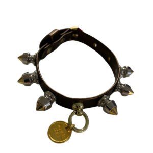 Zgarda caini, bronz, din piele ecologica cu efect de piele de soparla, decorata cu tinte din cristale Swarovski, lungime 25 cm