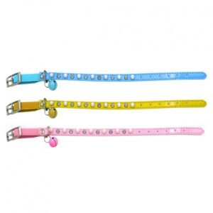 Zgarda din piele sintetica, roz, cu strasuri si clopotel, 1 cm x 30 cm, pentru caini si pisici de talie mica