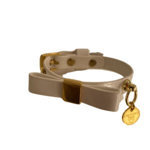 Zgarda caini, alba, din piele ecologica, cu funda, 25 cm x 2 cm