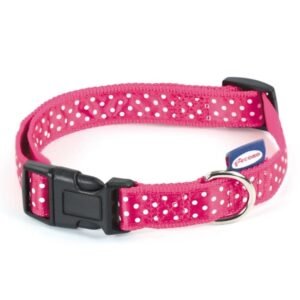 Zgarda textila, roz, personalizata cu buline, 30-45 cm x 16 mm