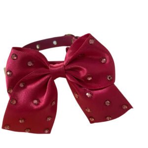 Zgarda caini, fucsia, din piele ecologica, decorata cu funda din satin si elemente Swarovski, lungime 25 cm