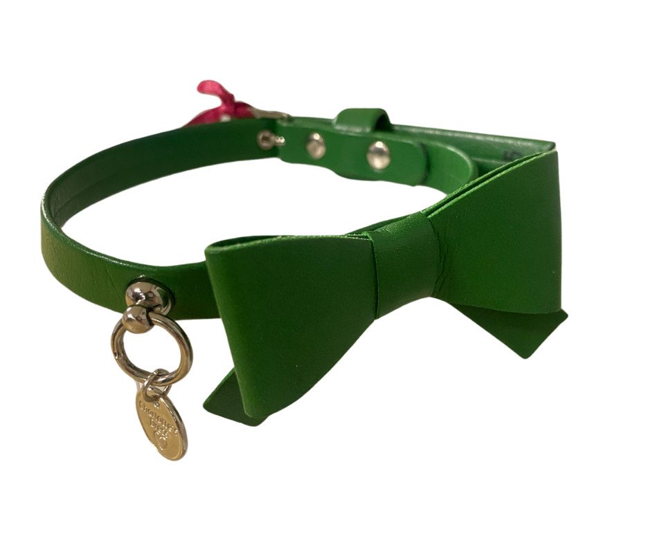 Zgarda caini din ecopiele, verde, decor fundita, lungime 30 cm