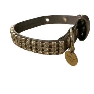 Zgarda caini, gri, din piele ecologica, decorata cu strasuri, 25 cm