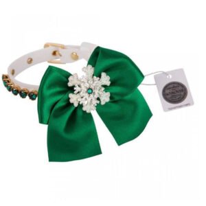 Zgarda caini Snowflake, verde, din piele ecologica, decorata cu cristale si fundita, 25 cm